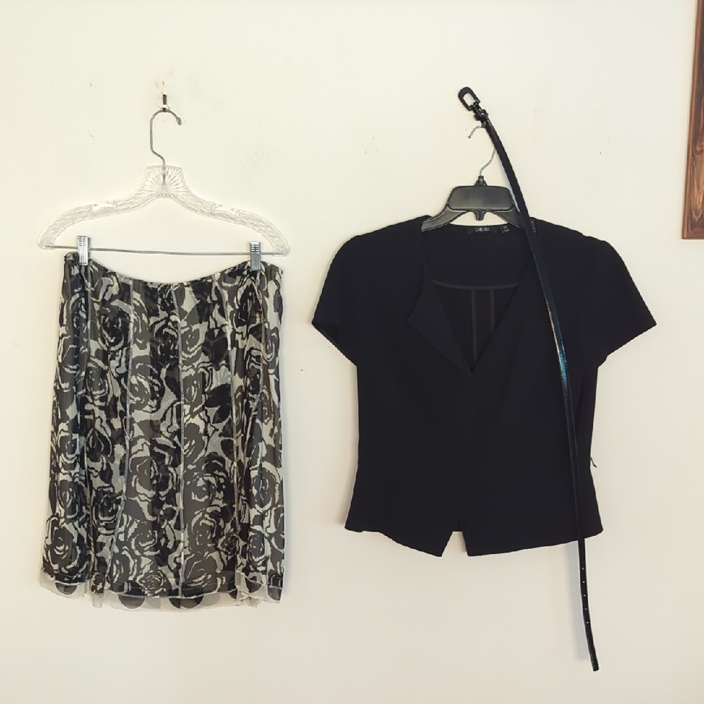 Vintage Carlisle Black Blouse and Floral Skirt Set w/ Belt